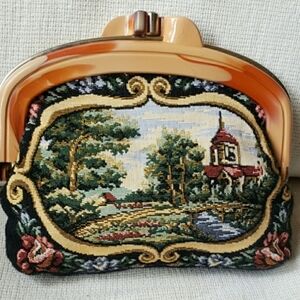Vintage tapestry and lucite kiss lock clutch